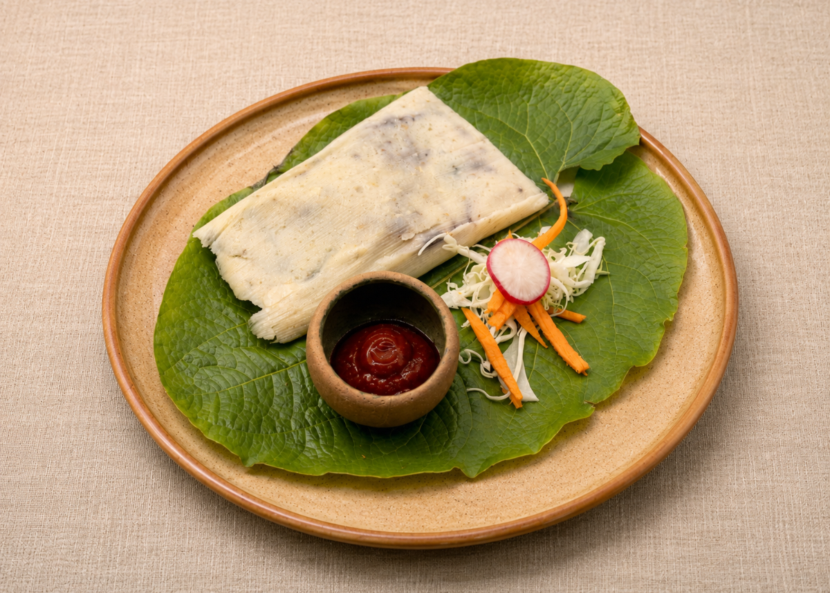 Oaxacan tamal wrapped in a leaf, plated with salsa and slaw, San Francisco Mission District